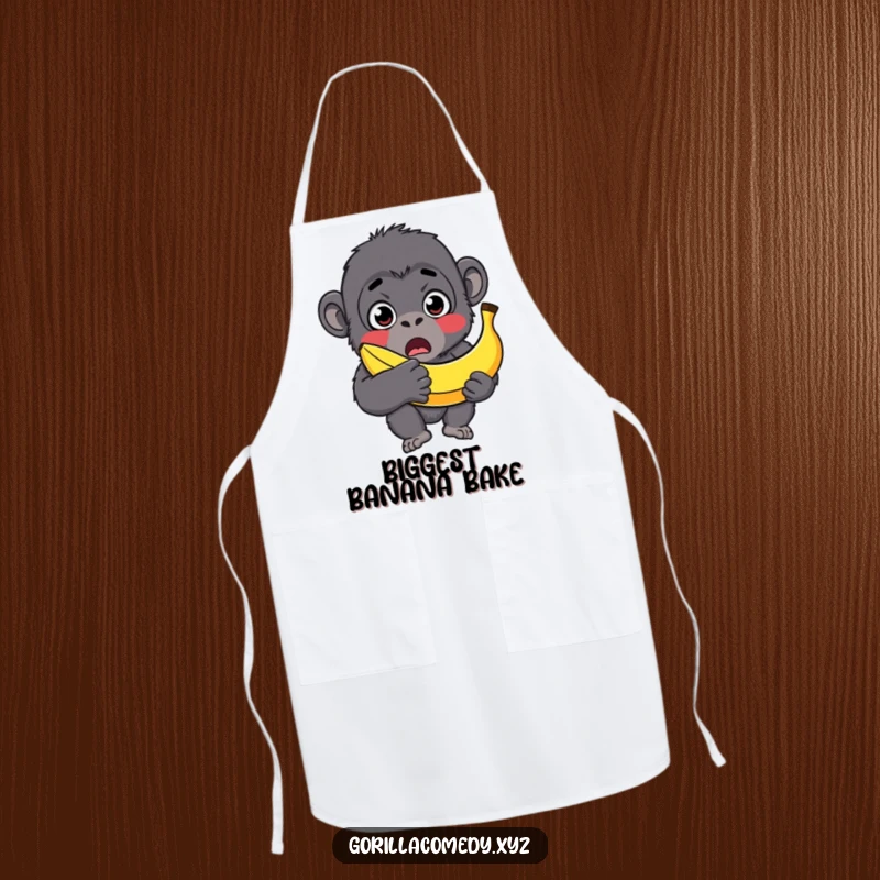 Funny gorilla apron, surprised character with wide eyes, holding a banana that is too big, perfect for a humorous cook.