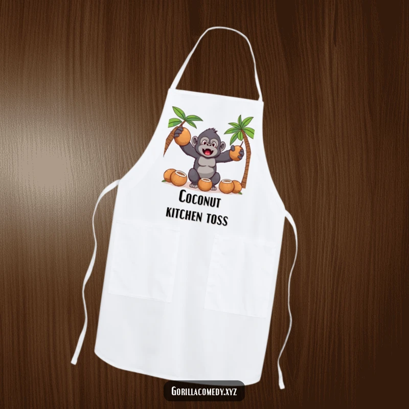 Funny Kawaii gorilla juggling coconuts on a kitchen apron, ready for culinary chaos with a humorous touch.