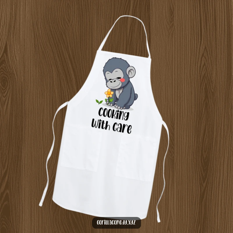 Funny curious gorilla apron showing a character gently interacting with a flower, bringing a soft touch to the kitchen, a funny gift.