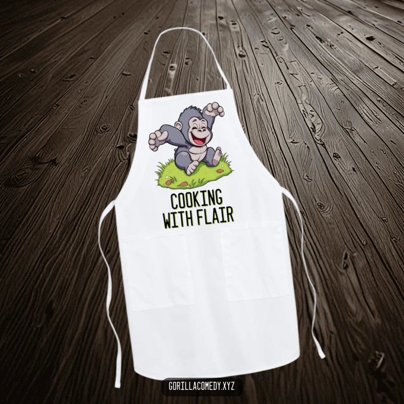 Funny Gorilla Hill Apron: Apron with a stylized gorilla tumbling down a grassy hill, full of pure delight. Great funny gift.