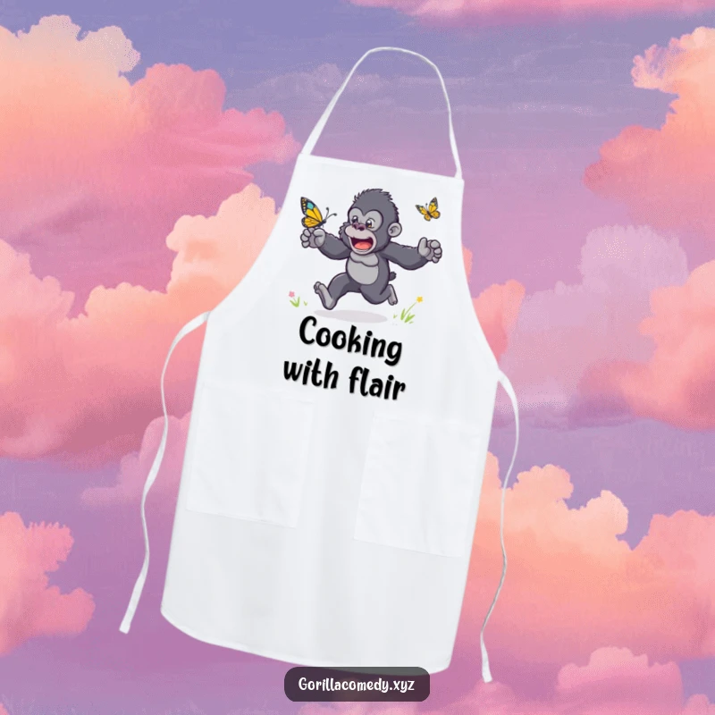 Funny apron showing a gorilla with arms flailing, excitedly racing a butterfly while cooking.