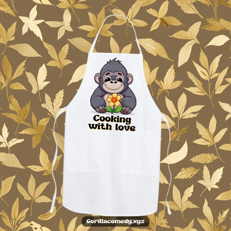 Cute funny kawaii gorilla with a contented smile offers a flower on an apron, adding a touch of sweetness and kindness to kitchen duties.