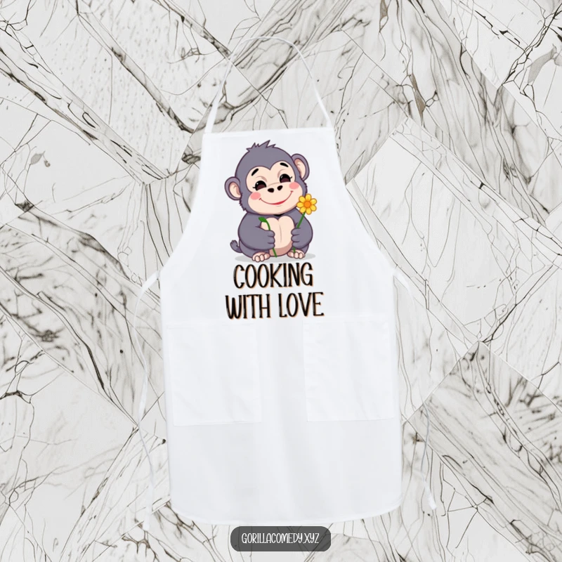 Funny kitchen apron featuring a shy gorilla character with a bright smile, offering a single flower during culinary tasks.
