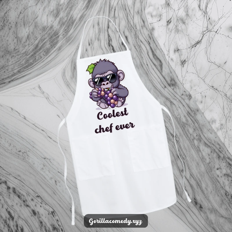 Funny apron with a cool gorilla in tiny sunglasses eating grapes, perfect for humorous kitchen activities.