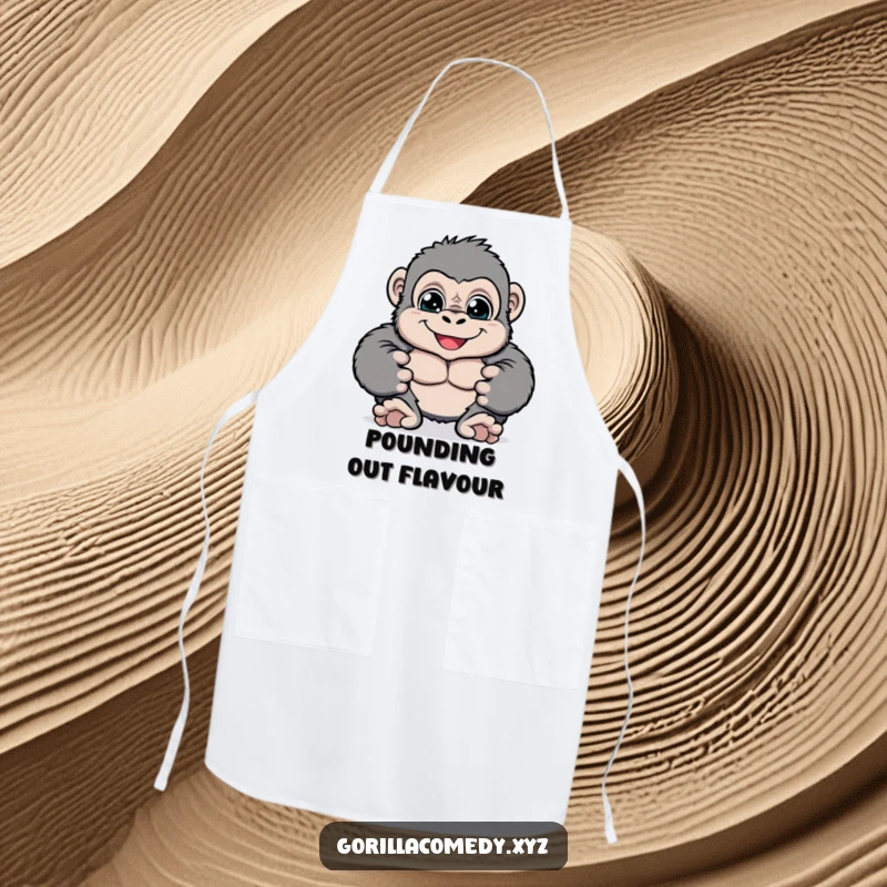 Funny cheerful gorilla apron with big bright eyes playfully pounding its chest, perfect for culinary fun and adding a playful touch, a great gift.