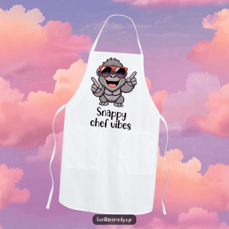 Funny Gorilla Apron: Happy gorilla in cool sunglasses, snapping fingers, ready to cook with style.
