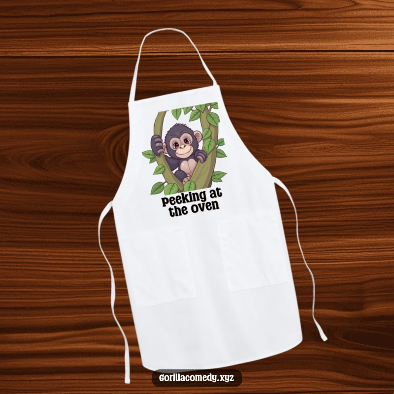 Funny playful gorilla apron with a curious expression peeking from behind a large vine, perfect for kitchen fun and adding a playful touch, a unique gift.
