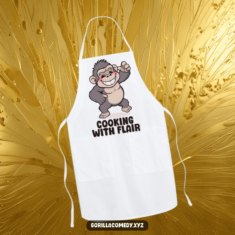 Funny gorilla apron, showing a grinning gorilla doing a playful and silly dance, for kitchen fun.