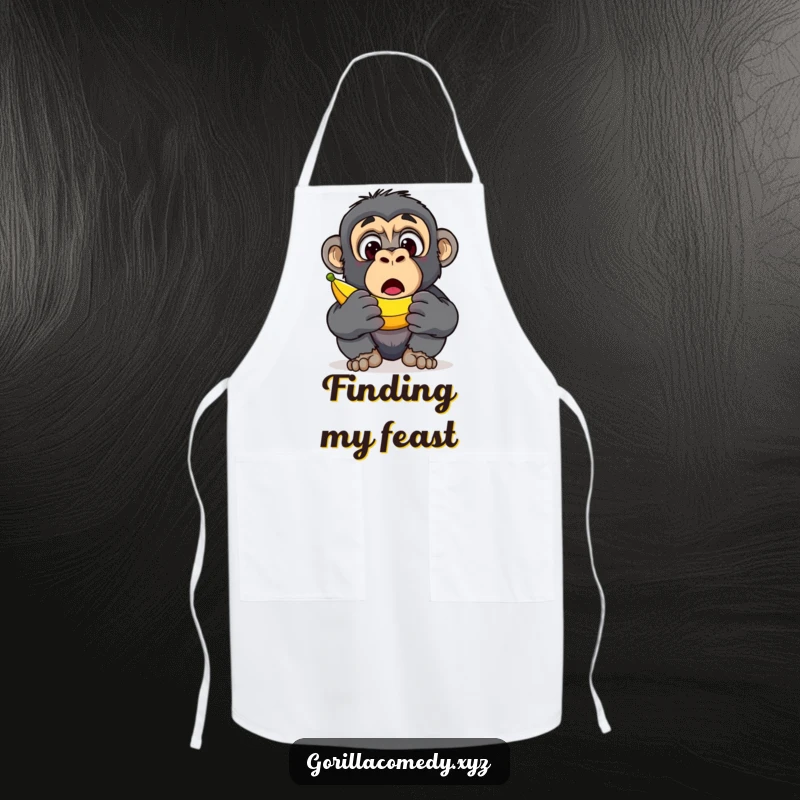 Funny Gorilla Banana Discovery Apron: A chef-inspired apron with a surprised gorilla character’s wide eyes upon finding a banana, ideal kitchen humor, funny gift.