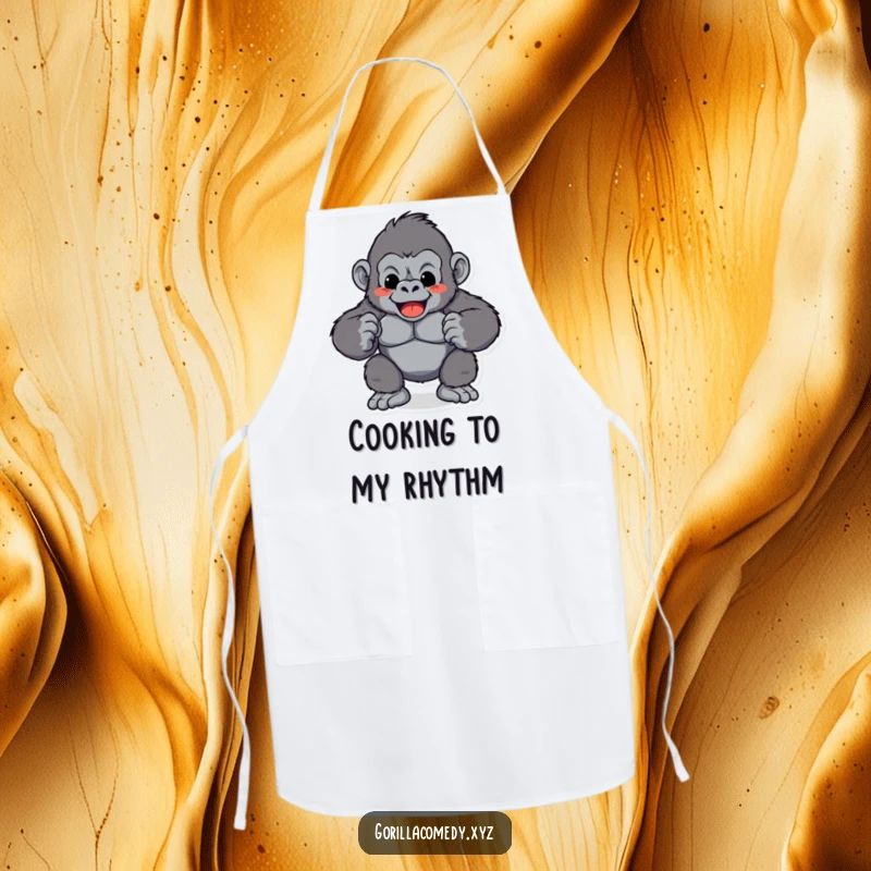 Funny Gorilla Chest Pound Apron: A chef-inspired apron with a playful gorilla character rhythmically pounding its chest, ideal for kitchen fun, funny gift.