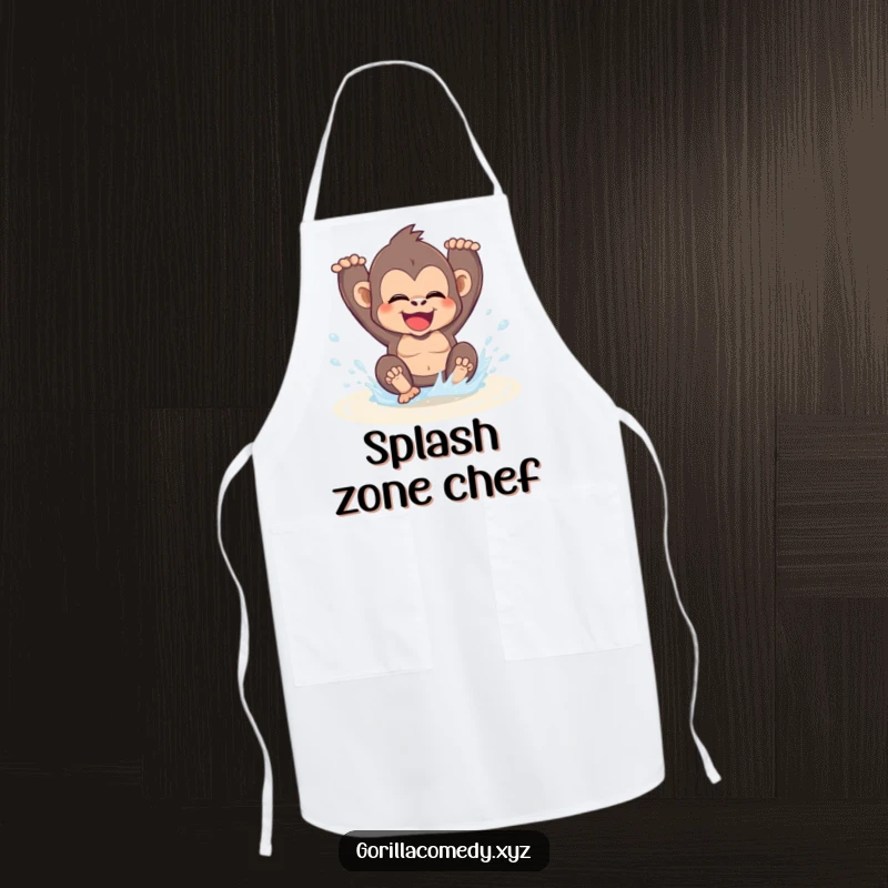 Funny kawaii gorilla gleefully splashing in a puddle on an apron, adding a playful and humorous touch to kitchen duties.