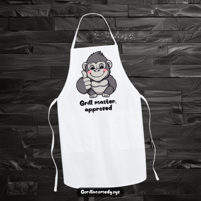Funny kawaii gorilla character giving a confident thumbs up while cooking, making this apron a hilarious and functional kitchen essential.