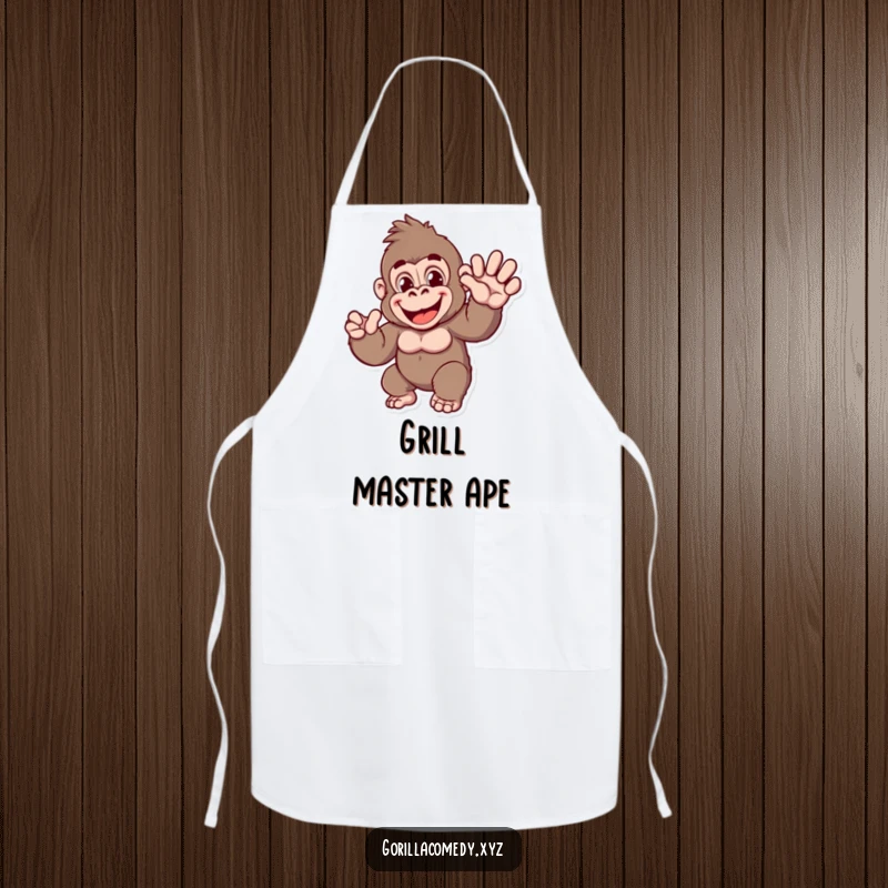 Funny Gorilla Apron: A cheerful ape character in a kitchen setting, offering a friendly wave while cooking up a storm.