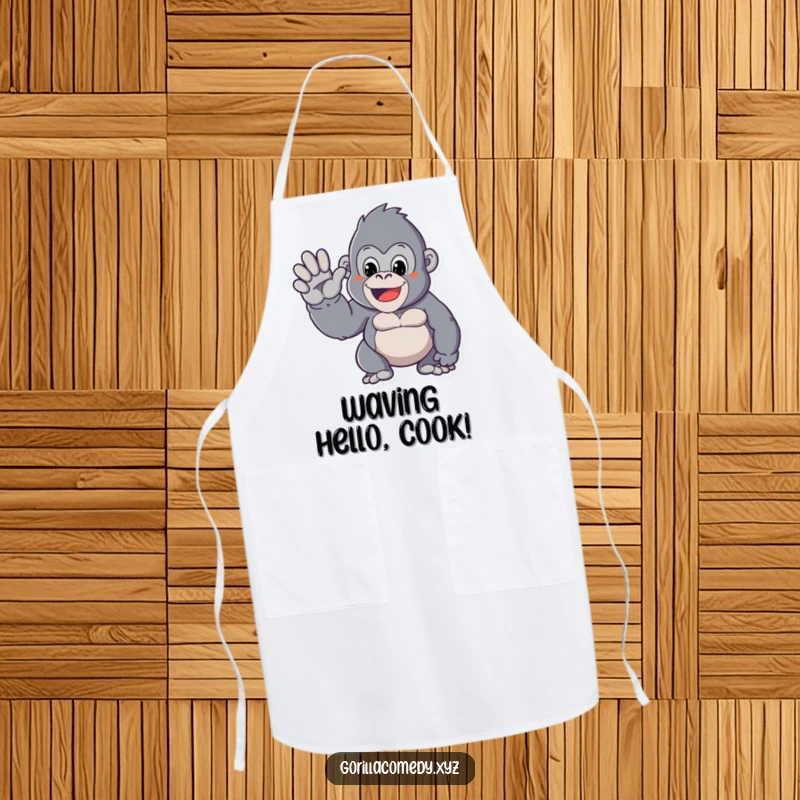 Funny apron showcasing a Kawaii gorilla character with a friendly wave, ideal for kitchen tasks with a warm touch.
