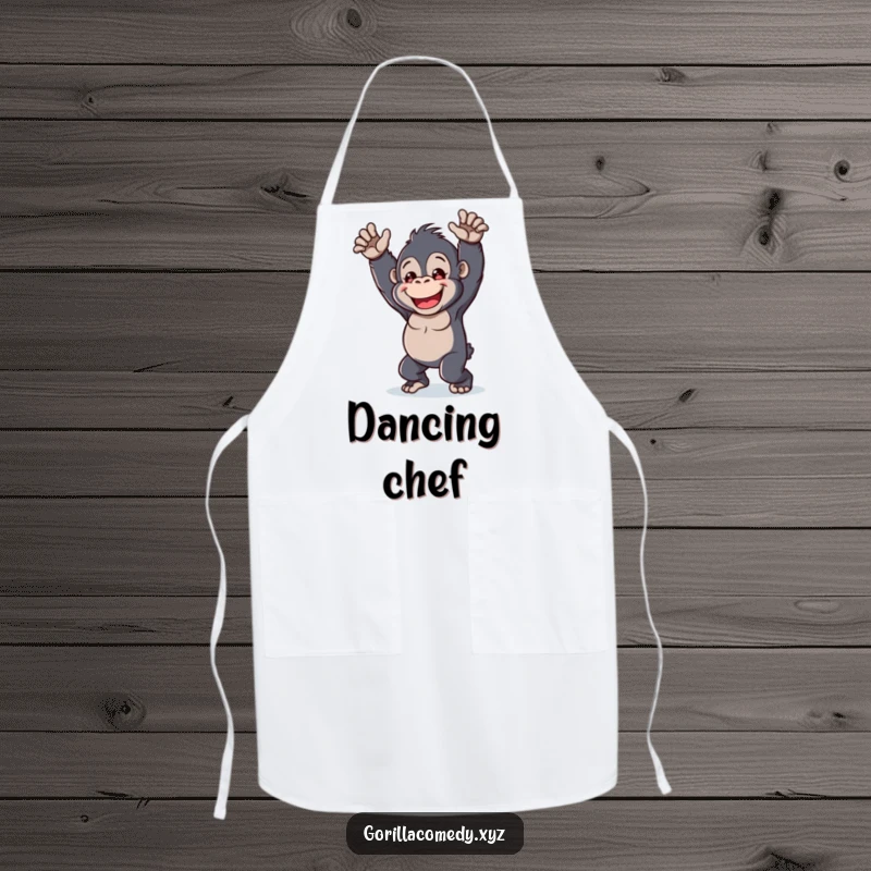 Funny kawaii gorilla apron, cheerful character, playful dance, humorous kitchen wear, cute cooking accessory.