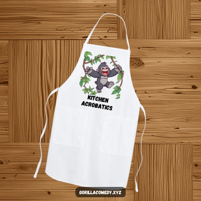 Funny Kawaii gorilla apron, depicting a happy ape character leaping through jungle vines, designed for humorous and practical kitchen use.