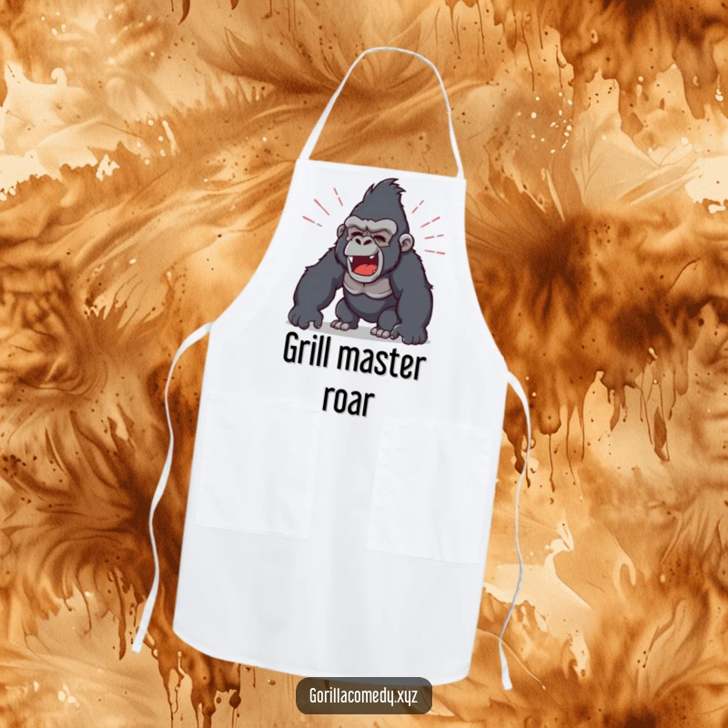 Funny kitchen apron with a gorilla character in the middle of a loud roar, with sound waves emanating outward, perfect for cooking.