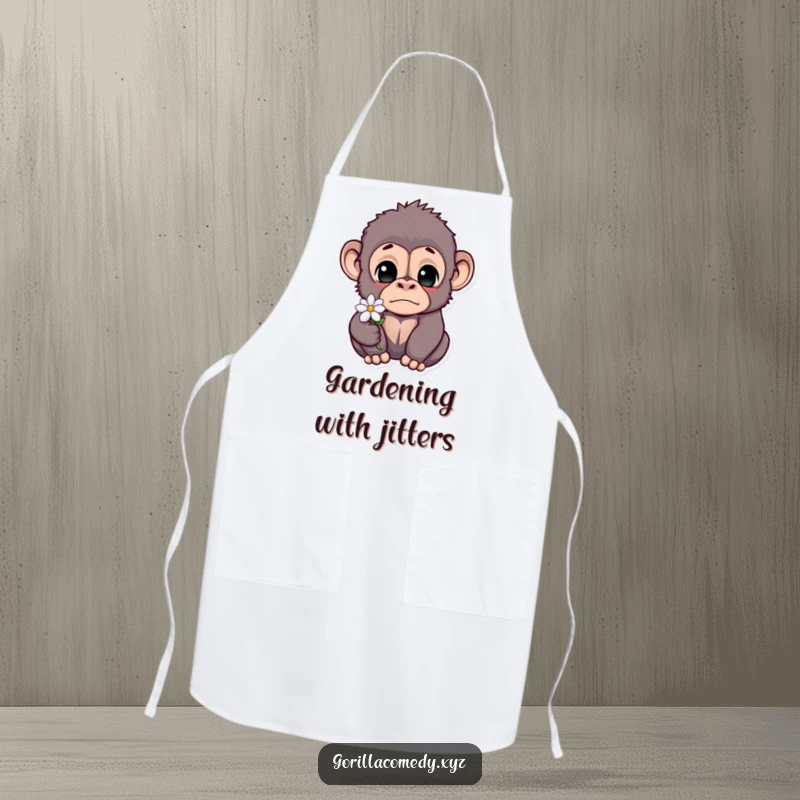 Funny gorilla apron showing a startled ape with big eyes, holding a tiny flower, perfectly capturing a humorous, surprised cooking moment.