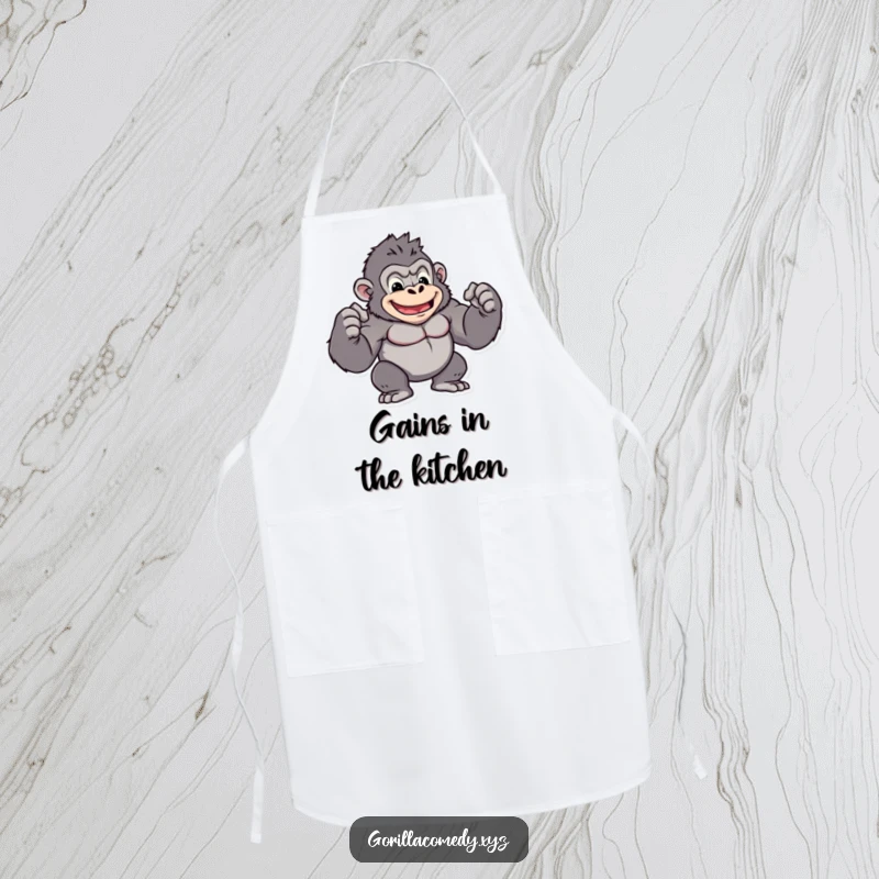 Funny kawaii gorilla apron with a muscular character flexing biceps, perfect for kitchen duty with a smile, a funny gift.