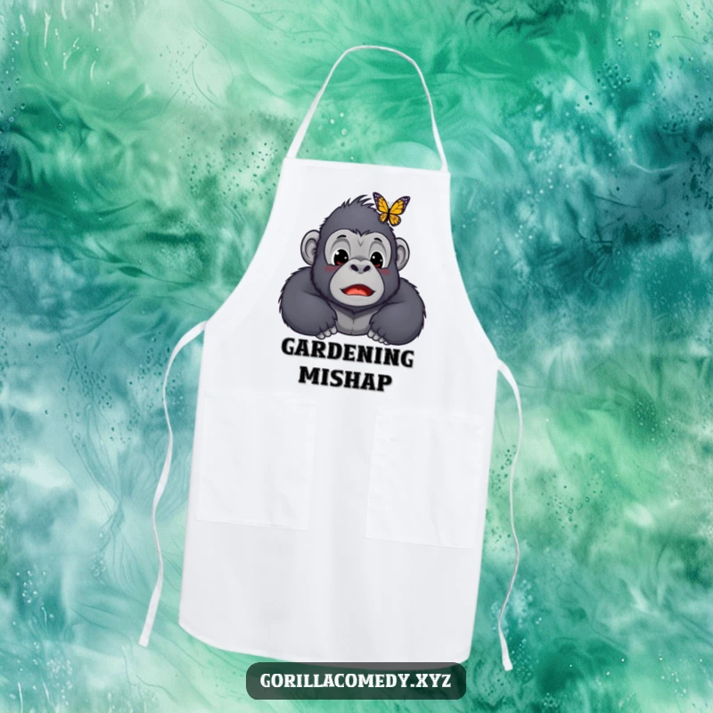 Funny Kawaii gorilla apron, depicting a surprised ape character with a butterfly landing on its nose, designed for humorous and practical kitchen use.