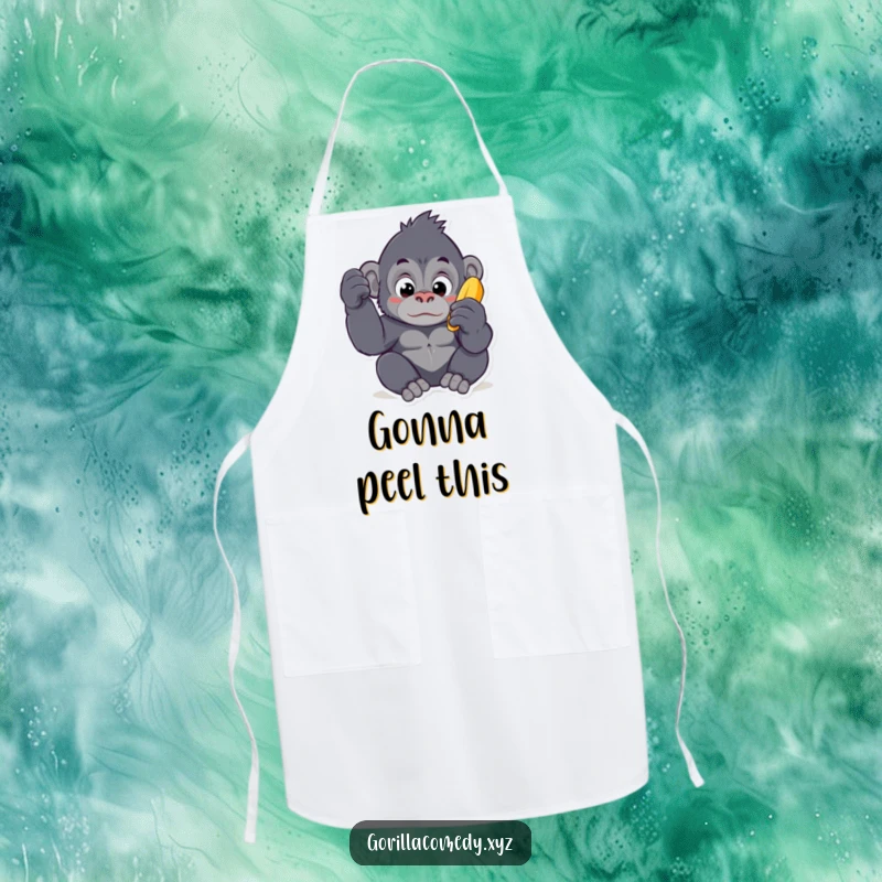 Funny Kawaii gorilla apron, depicting a curious ape character intently examining a banana, designed for humorous and practical kitchen use.