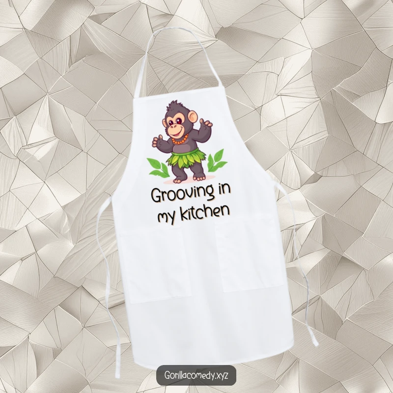Funny gorilla apron, cute character in a grass skirt, playfully doing a hula dance, perfect for a humorous cook.