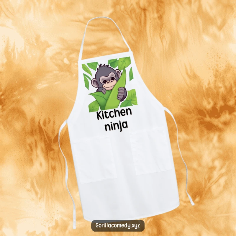Funny apron with a mischievous gorilla hiding behind a leaf, winking playfully, perfect for humorous kitchen activities.