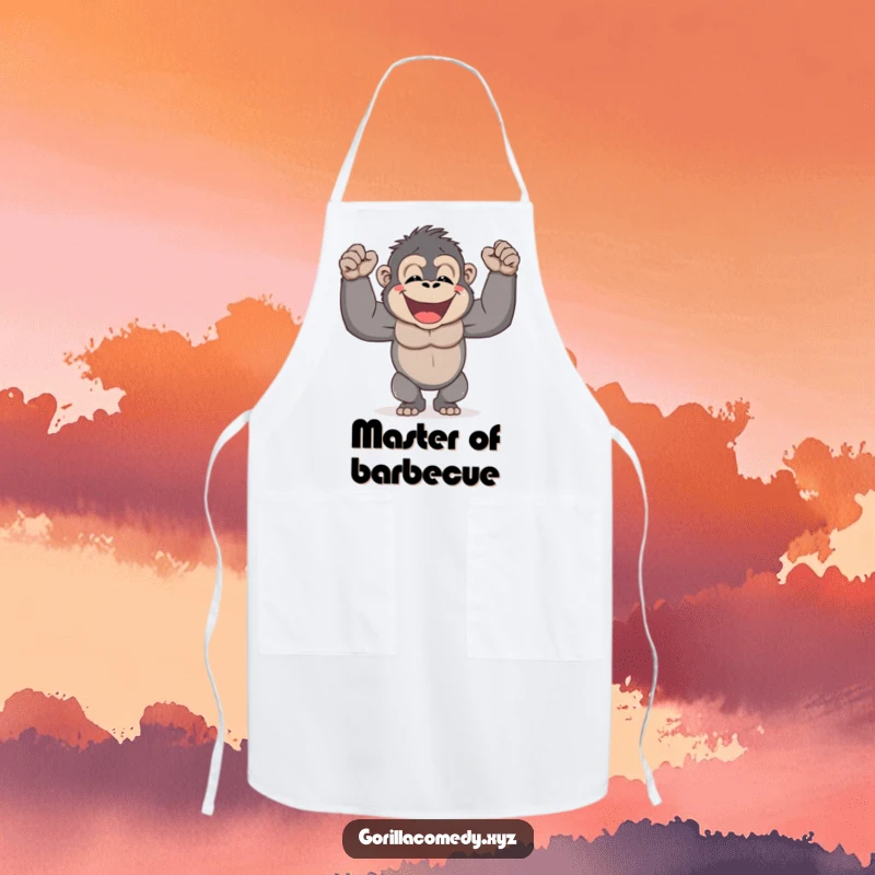 Funny Gorilla Chef Apron depicting a happy gorilla joyfully pounding its chest, ideal for adding humor to cooking sessions.