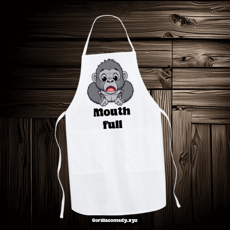Funny apron with a surprised gorilla character, mouth agape, ready to tackle kitchen tasks with a comical twist.