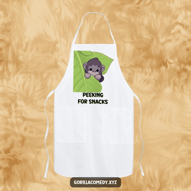Funny apron with a curious gorilla peeking over a giant leaf, bringing jungle intrigue and humor to kitchen tasks.