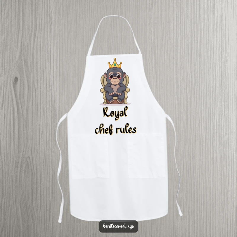 Funny apron showing a gorilla with a tiny crown, sitting on a throne while cooking.
