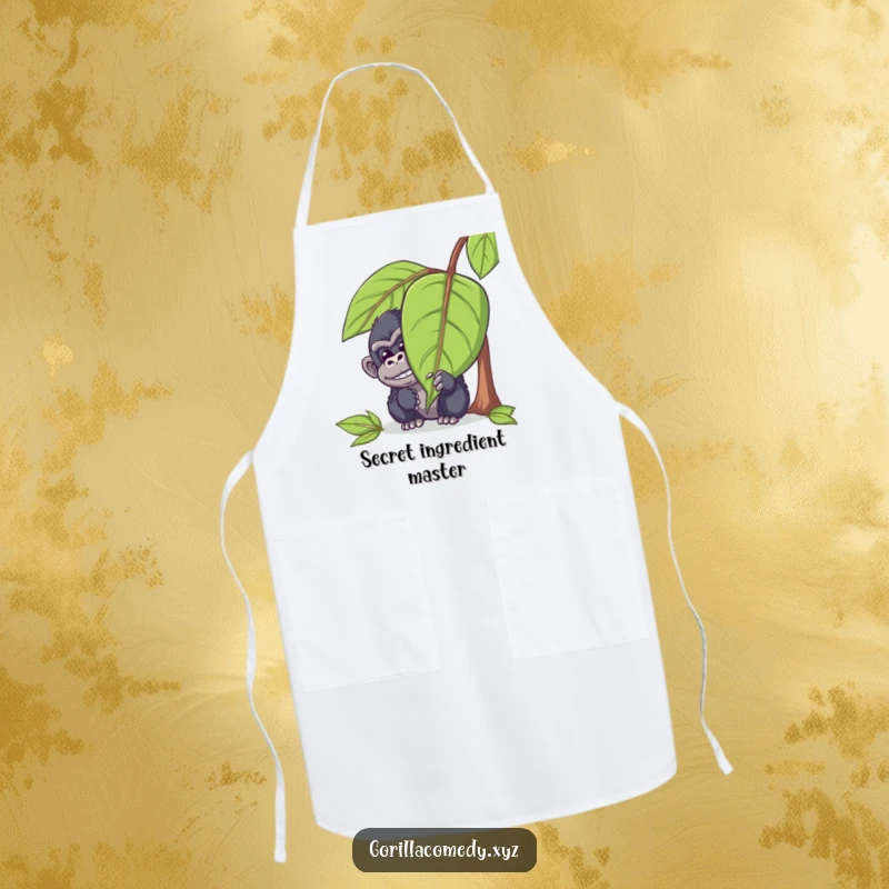 Funny gorilla apron showing a mischievous ape character hiding behind a large leaf, peeking out with a chuckle, great for kitchen protection and laughs.
