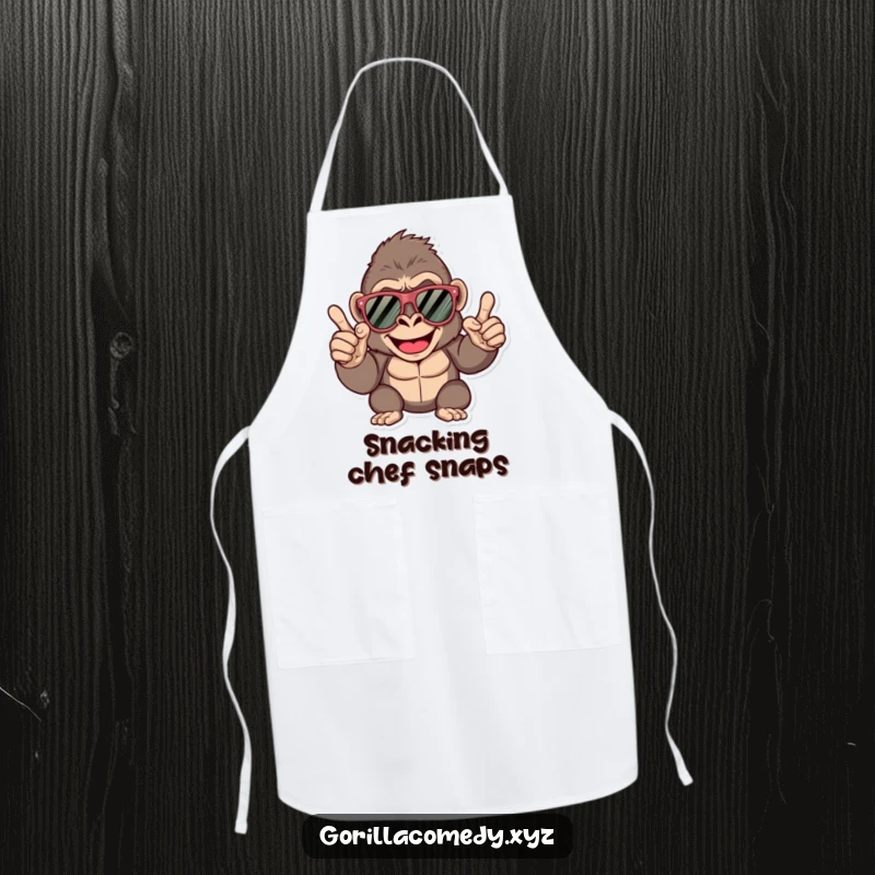 Funny gorilla apron, happy character with oversized sunglasses, confidently giving a finger snap, perfect for a cool cook.