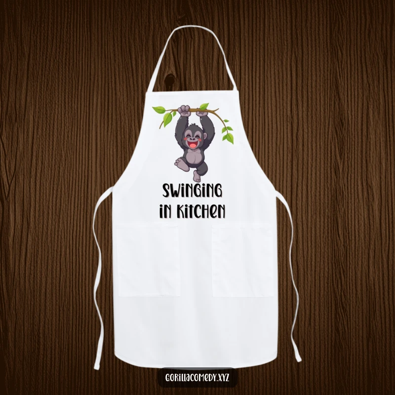Funny apron with a joyful gorilla swinging from a vine with a triumphant yell, perfect for humorous culinary adventures.