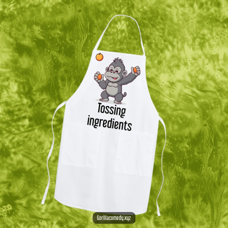 Funny apron with a mischievous gorilla playfully tossing a small fruit, bringing jungle mischief and humor to kitchen tasks.