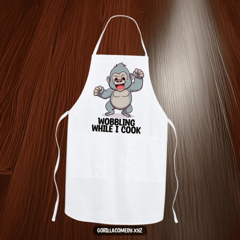 Funny apron showcasing a Kawaii gorilla character doing a comical dance with wobbly legs, ideal for kitchen tasks with a playful touch.