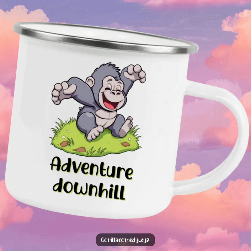 Funny Gorilla Hill Mug: Sturdy mug with a stylized gorilla tumbling down a grassy hill, full of outdoor joy. Perfect funny gift.