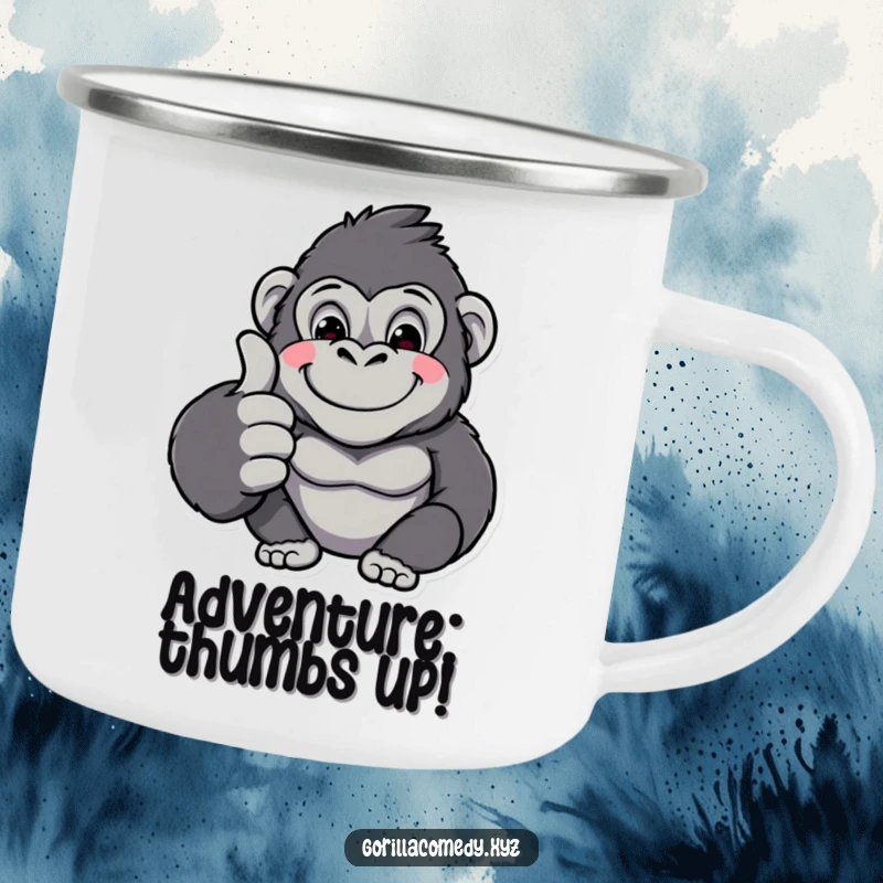 Funny kawaii gorilla giving a thumbs up on a sturdy camping mug, ready for any adventure and bringing humor to the outdoors.