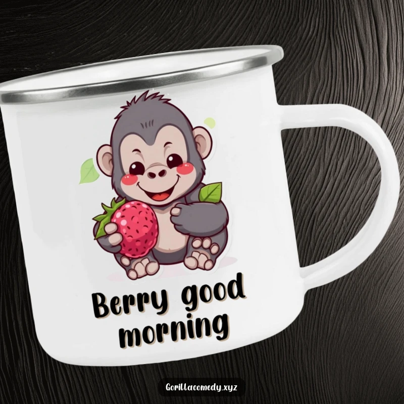 Funny camping mug with a gentle gorilla character smiling and offering a juicy berry, perfect for humorous outdoor adventures.