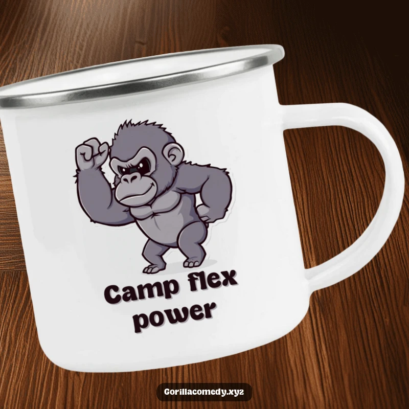 Funny gorilla camping mug, determined character proudly flexing its tiny bicep, durable for outdoors.