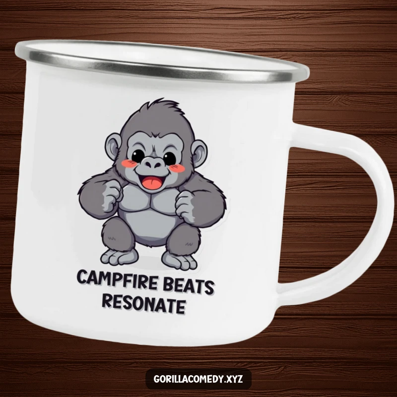 Funny Gorilla Chest Pound Camping Mug: A durable mug with a playful gorilla character rhythmically pounding its chest, perfect for outdoor fun, funny gift.