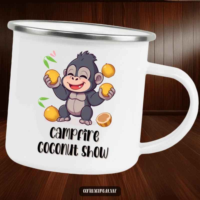 Funny kawaii gorilla giggling while juggling coconuts on a camping mug, bringing a touch of tropical amusement to outdoor sips.