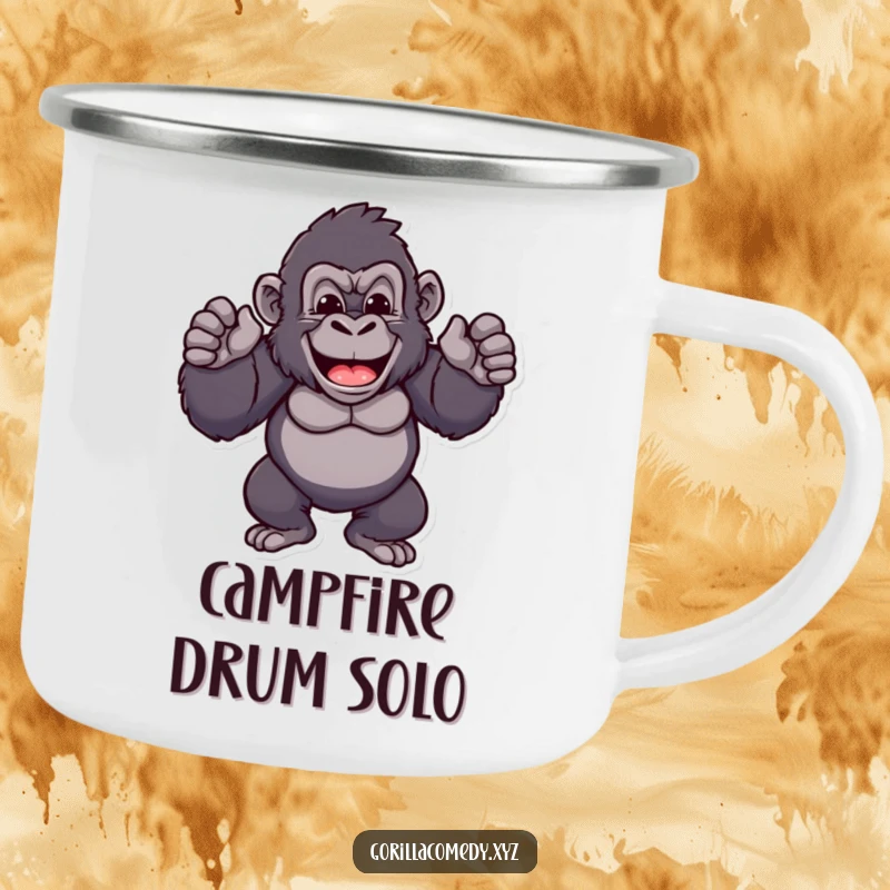 Funny gorilla camping mug featuring a cheerful ape character rhythmically beating its chest with pride, perfect for outdoor enjoyment and humor.