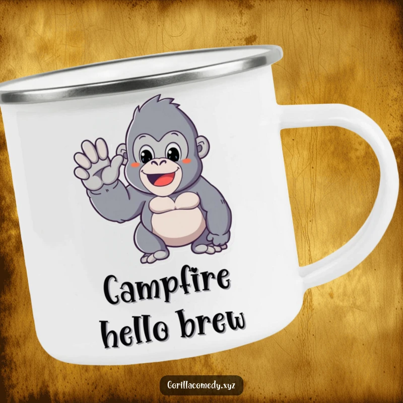 Funny camping mug featuring a Kawaii gorilla giving a friendly wave, perfect for hot drinks during outdoor excursions.