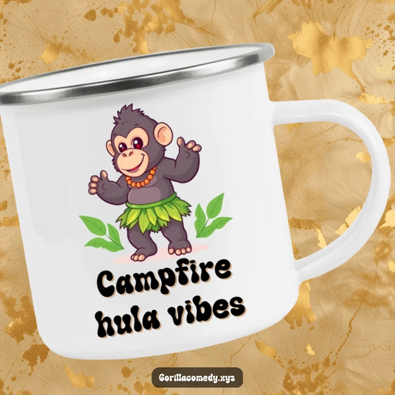 Funny gorilla camping mug, cute character in a grass skirt, doing a playful hula dance, durable for outdoors.