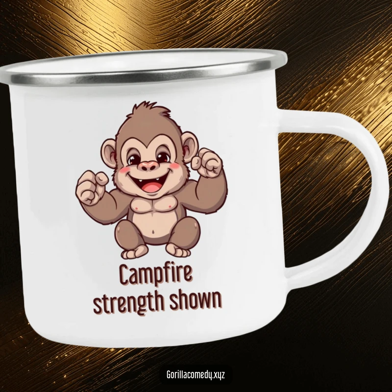 Funny gorilla camping mug featuring a cute character showcasing its tiny muscle power with a grin, sturdy and humorous for outdoor enthusiasts.
