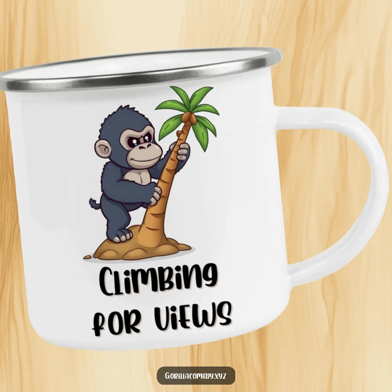 Funny camping mug with a determined gorilla attempting to climb a small coconut tree, ideal for outdoor motivation.