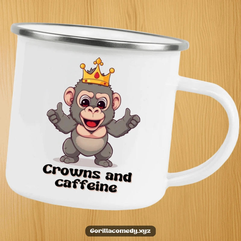 Funny Gorilla King camping mug showing a crowned primate in a theatrical and funny pose, great for outdoor use.