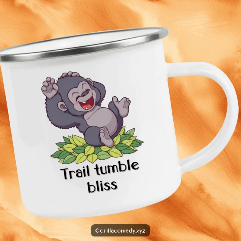 Funny clumsy gorilla camping mug tumbling with delight into soft leaves, perfect for outdoor fun and adding cheer, a durable gift.
