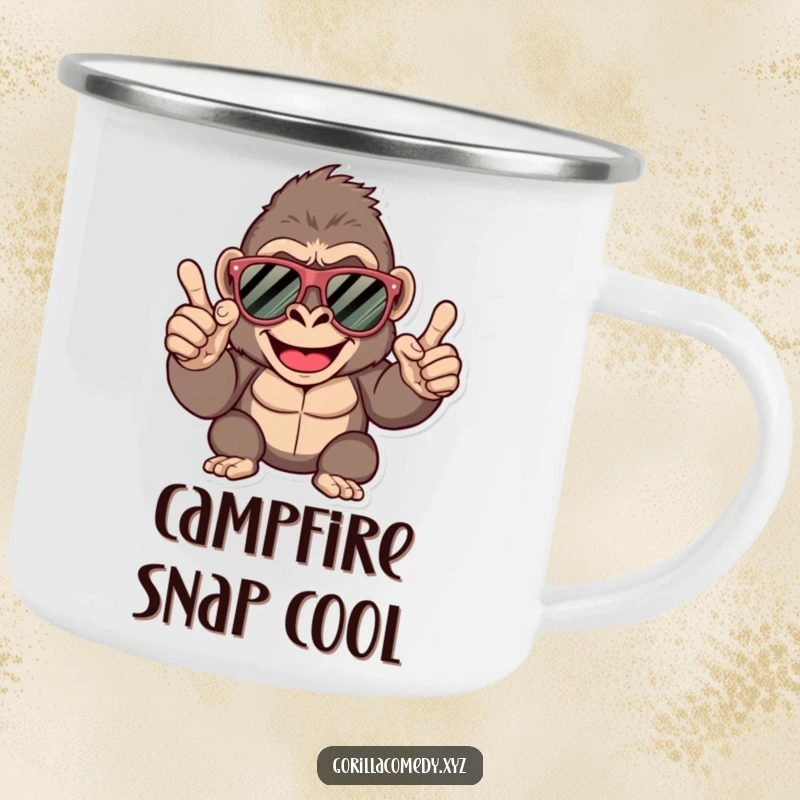 Funny gorilla camping mug, happy character with oversized sunglasses, confidently giving a finger snap, durable for adventures.